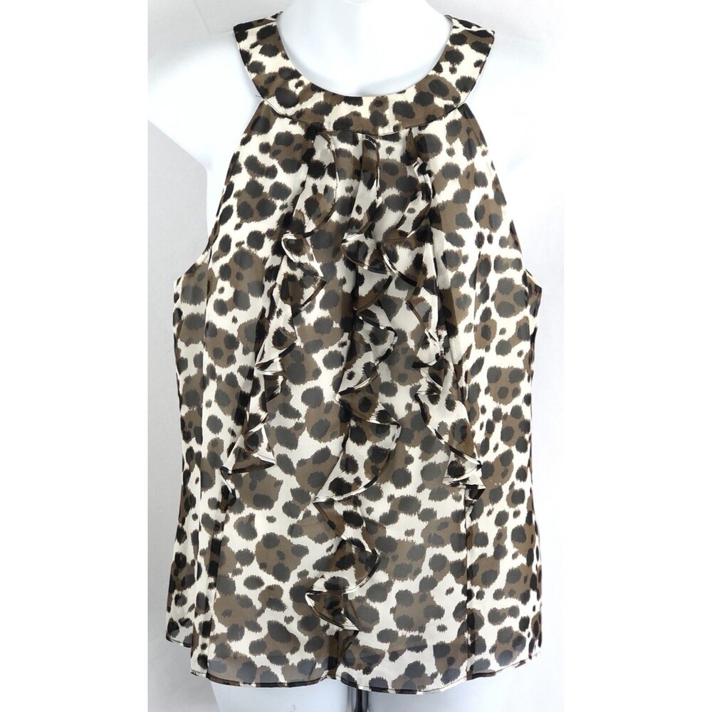 Ann Taylor 100% Silk Babydoll Halter Top 10P Leopard Ruffles Sleeveless Y2K 90's